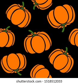 Cartoon pumpkins on a black background. Simple vector background Cute autumn pattern Seamless textile. design for greeting card and invitation of seasonal fall holidays, halloween, thsanksgiving