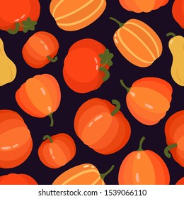 Cartoon pumpkins seamless pattern. Many orange gourds on dark background. Big thick pumpkin and striped vegetable and pear shape. Autumn fall vector illustration. For surface print, card, banner.