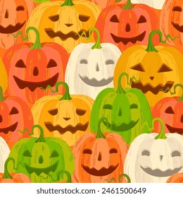 Calabazas de dibujos animados con caras sonrientes patrón sin fisuras. Ilustración vectorial de Halloween.