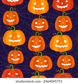 Cartoon pumpkins with smiling faces seamless pattern. Halloween vector illustration.