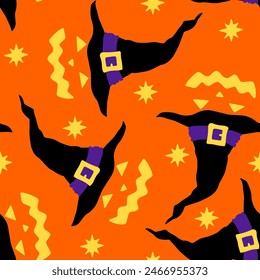 citrouilles de dessins avec des visages souriants en motif sorcier harmonieux de chapeau harmonieux. Halloween  illustration vectorielle.