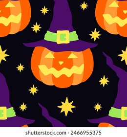 citrouilles de dessins avec des visages souriants en motif sorcier harmonieux de chapeau harmonieux. Halloween  illustration vectorielle.