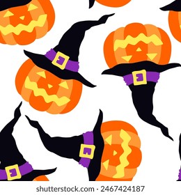 citrouilles de dessins avec des visages souriants en motif sorcier harmonieux de chapeau harmonieux. Halloween  illustration vectorielle.