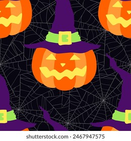 citrouilles de dessins avec des visages souriants en motif sorcier harmonieux de chapeau harmonieux. Halloween  illustration vectorielle.