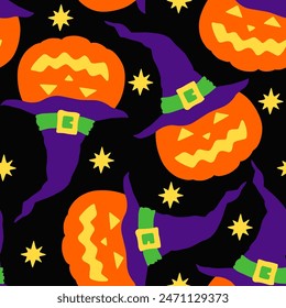 citrouilles de dessins avec des visages souriants en motif sorcier harmonieux de chapeau harmonieux. Halloween  illustration vectorielle.