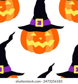 citrouilles de dessins avec des visages souriants en motif sorcier harmonieux de chapeau harmonieux. Halloween  illustration vectorielle.