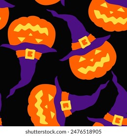 citrouilles de dessins avec des visages souriants en motif sorcier harmonieux de chapeau harmonieux. Halloween  illustration vectorielle.