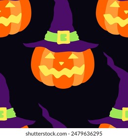 citrouilles de dessins avec des visages souriants en motif sorcier harmonieux de chapeau harmonieux. Halloween  illustration vectorielle.