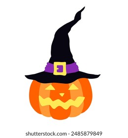 Cartoon pumpkins with smiling faces in witch hat . Halloween vector illustration.