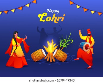 Cartoon Punjabi Couple Doing Bhangra Dance With Dhol Instruments, Sugarcane, Bonfire And Bunting Flags On Blue Background For Happy Lohri Celebration.