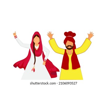 Cartoon Punjabi Couple Doing Bhangra On White Background.