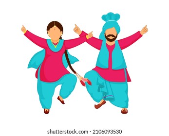 Cartoon Punjabi Couple Doing Bhangra Dance On White Background.