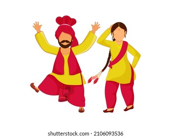 Cartoon Punjabi Couple Doing Bhangra Dance In Red And Yellow Color Attire.