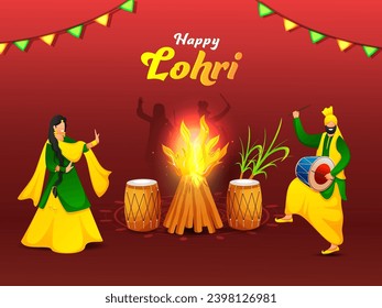 Cartoon Punjabi Couple Doing Bhangra Dance with Dhol Instruments, Sugarcane, Bonfire and Bunting Flags on Red Background For Happy Lohri Celebration.