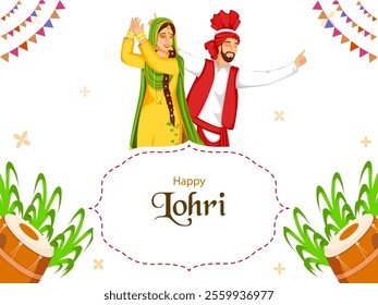 Cartoon Punjabi Couple Doing Bhangra Dance with Dhol Instruments and Sugarcane on White Background For Happy Lohri Celebration.