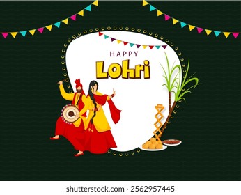 Cartoon Punjabi Couple Doing Bhangra Dance with Dhol Instrument on the Occasion of Happy Lohri.