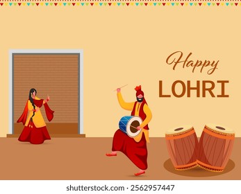 Cartoon Punjabi Couple Doing Bhangra Dance with Dhol Instrument on the Occasion of Happy Lohri.