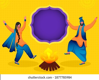 Cartoon Punjabi Couple Performing Bhangra Dance With Bonfire Illustration And Purple Empty Frame On Yellow Background.