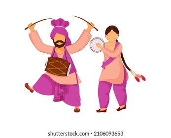 Cartoon Punjabi Couple Playing Music Instrument On White Background.