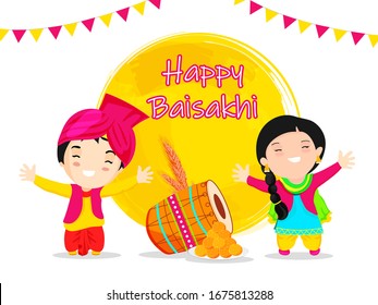 Cartoon Punjabi Kids Enjoying or Dancing with Drum, Wheat Ear, Indian Sweet (Laddu) and Yellow Round Brush Stroke on White Background for Happy Baisakhi Celebration.