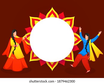 Cartoon Punjabi Women Doing Bhangra Dance And Empty Floral Frame On Burnt Red Background.