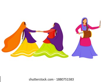 Cartoon Punjabi Women Enjoying Or Celebrating With Dhol Instrument On White Background.