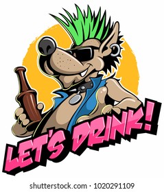 Cartoon, punk rock style dog with the beer bottle, vector image.