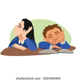 Cartoon pupils sleeping at a desk in a boring lesson Picture in the style of flat.
