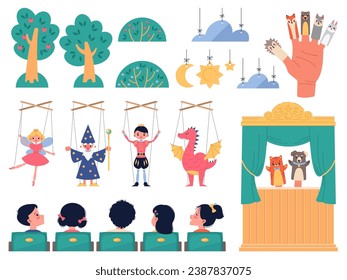 Cartoon puppet kids theater. Marionettes elf, wizard and dragon, animals finger characters, stage with curtain, scenery for performances, children sit in row. Vector set