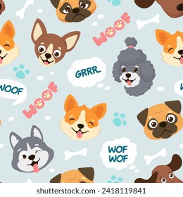 Cartoon puppies. Cute dogs faces pattern with woof speech bubbles for pet lovers, dog related seamless vector illustration of purebred pattern background