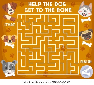 Cartoon puppies and dogs, kids labyrinth maze game. Vector boardgame with cute puppies heads and paws. Help the dog get to the bone riddle for children attention activity. Mind development worksheet