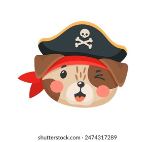 Caricatura cachorro perro animal pirata y corsario cara. Marinero y capitán, patrón y contramaestre de kawaii personaje de mascota. Personaje de Vector aislado con adorable sombrero de tricornio para tarjeta de baby shower, libro o juego