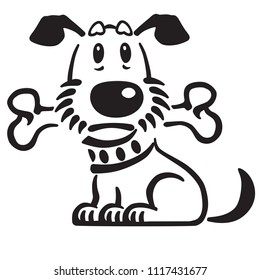 Cartoon Puppy Dog With A Bone In His Mouth . Black And White Vector Illustration. Logo, Emblem , Icon