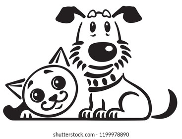 cartoon puppy dog and cat . Logo, icon , emblem . Black and white vector