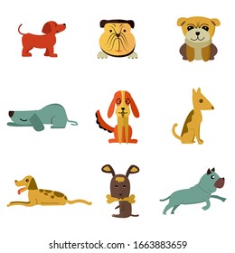 Cartoon puppy and dog. Happy puppies with smiling muzzle, loyal dogs and friendly dog. Husky, corgi and pug doggy pedigree expression character isolated vector icons set