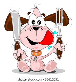 Cartoon puppy dog with knife & fork. Meal time concept.