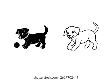 Cartoon Puppy Dog Playing With Ball Silhouette And Outline Vector Illustration