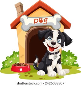 Cartoon puppy with a doghouse and food bowl.