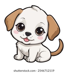 A cartoon puppy with fluffy white fur and brown spots sits cheerfully. Its big eyes and wagging tail express joy. This adorable character captures the charm of playful puppies.