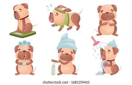 Cartoon Puppy Grooming Himself Applying Body Cream and Drinking Hot Herbal Tea Vector Set