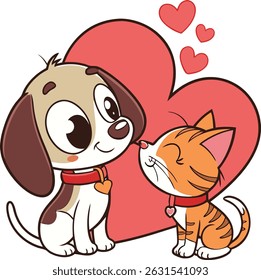 Cartoon puppy and kitten, large red heart, Valentine's Day theme