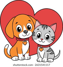 Cartoon puppy and kitten, large red heart, Valentine's Day theme