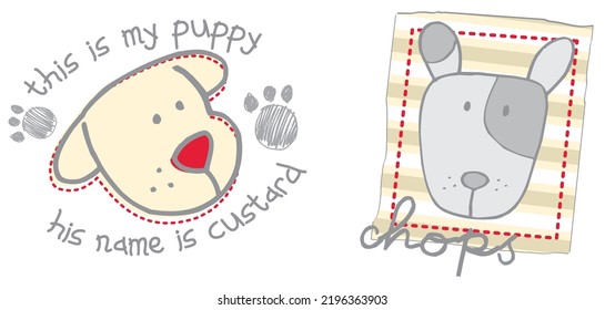 Cartoon puppy name custard and hops dog vector illustration for kids t shirt print, greeting card invitation, badges, stickers, book covers, pajamas and mugs