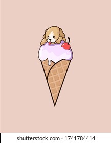 cartoon puppy on his stomach on ice cream and enjoy his ice cream