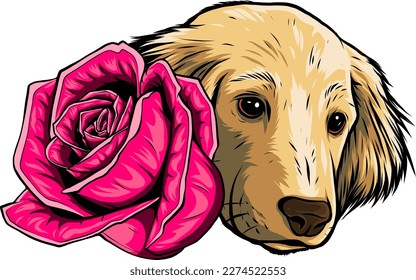 Cartoon puppy with rose isolated on white background