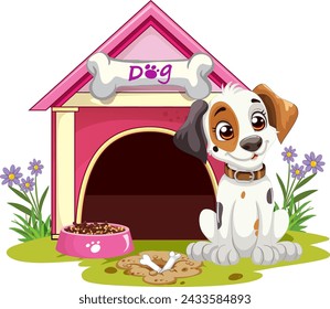 Cartoon puppy sitting by its colorful doghouse