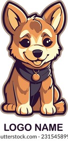 Cartoon puppy sitting, Happy Portrait of cute little dog wearing collar. Dog friend. Mascot Vector illustration