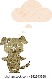 cartoon puppy with thought bubble in grunge distressed retro textured style