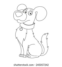 Cartoon puppy, vector illustration of cute dog wearing a collar with tag, coloring book page for children