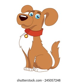 Cartoon puppy, vector illustration of cute dog wearing a red collar with gold tag